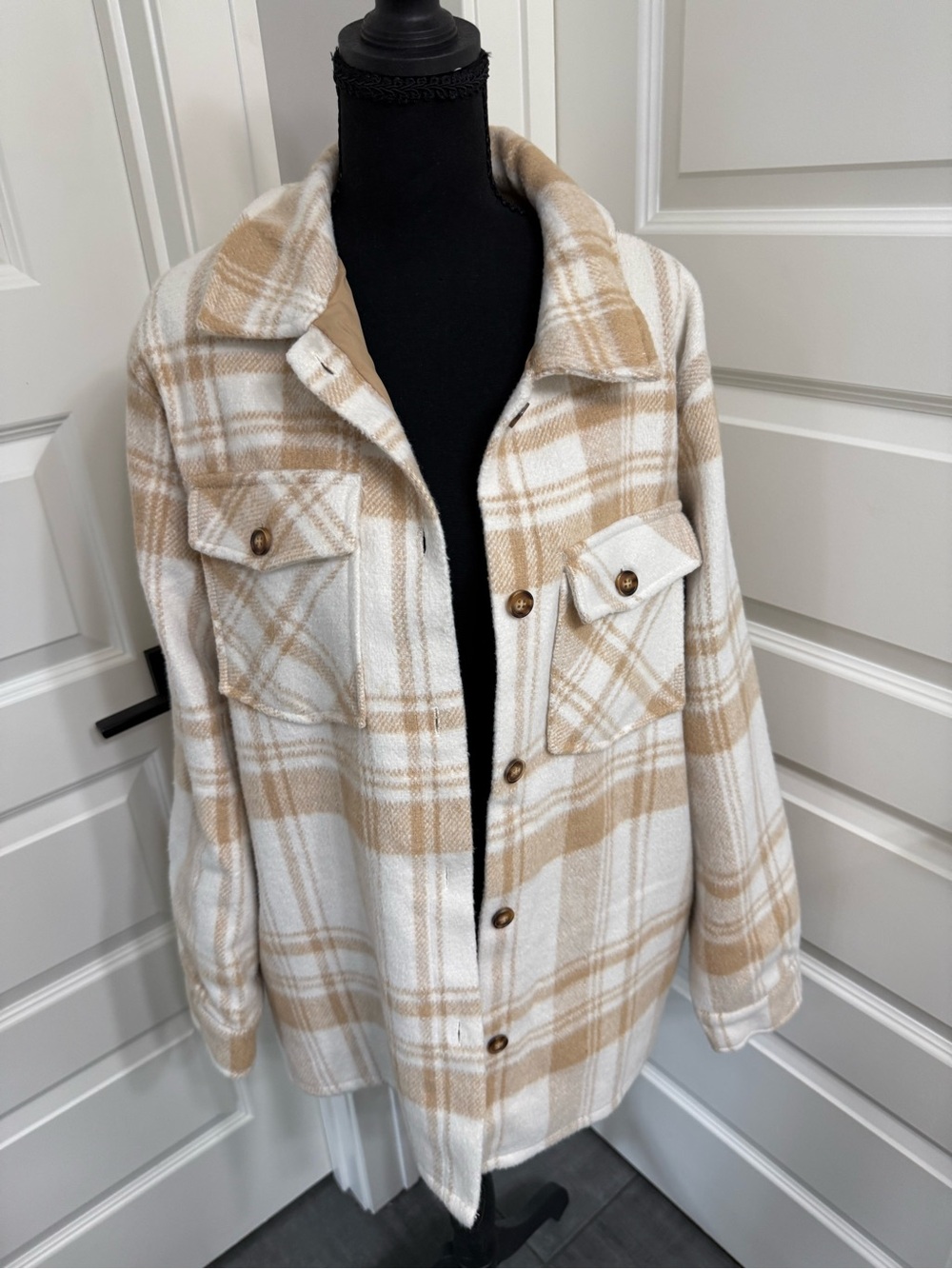 Panache Cream and Beige Plaid Utility Shacket